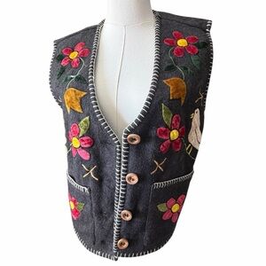 Jou Jou Wool Blend Embroidered Charcoal Gray Button Down Sleeveless Vest Sz Med